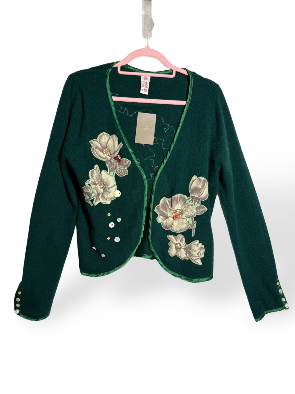 Anthropologie Dark Green Embroidered Floral Open-Front Cardigan